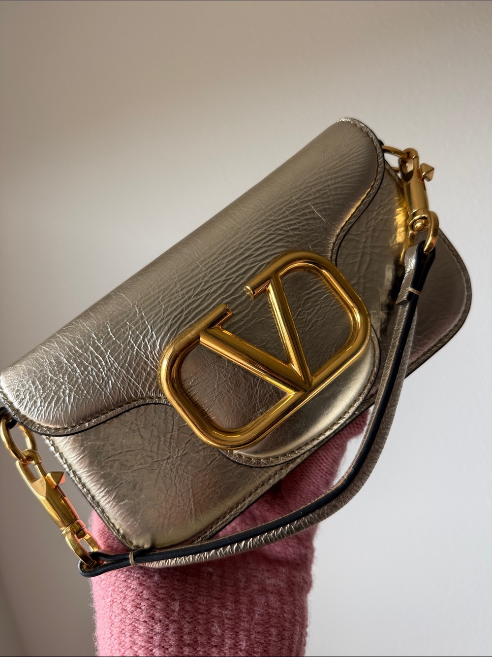 Valentino Garavani Metallic Silver Top Handle Bag Gold Hardware Logo